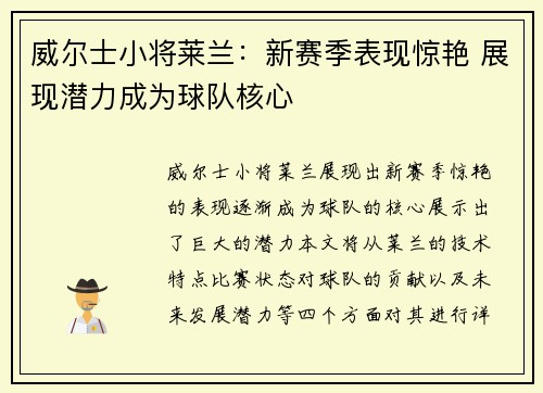 威尔士小将莱兰：新赛季表现惊艳 展现潜力成为球队核心